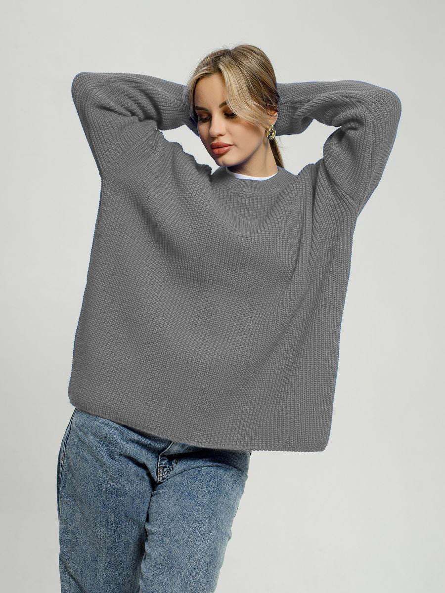 Damen Pullover Grobgestrickt Bequem Rundhals