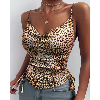 Damen Oberteil Leopardenmuster Satin Spitze