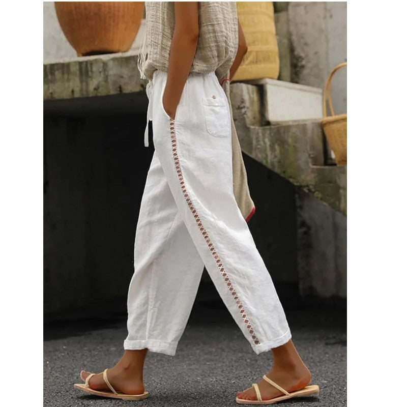 Damen Leinenhose Sommerleicht Mit Knöpfen - IdealeKleiden