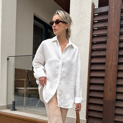 Damen Leinenhemd Lässig Oversized Sommerkleidung