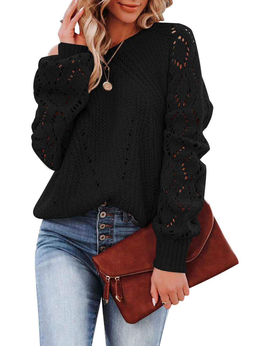 Damen Pullover Elegant Weit Ärmel Luftig Stricken