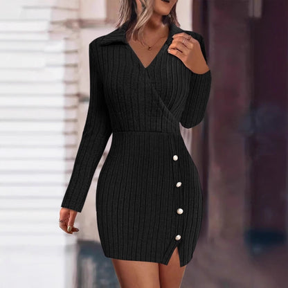 Damen Strickkleid Elegantes Design Mit Knöpfen - IdealeKleiden