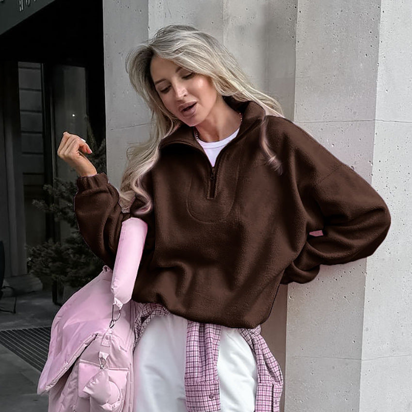 Damen Fleece Pullover Kurz Reißverschluss Modern Style