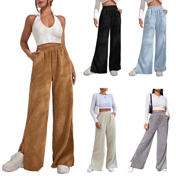 Damen Cordhose Weite Bein mit Schlitzen Elastisch - IdealeKleiden