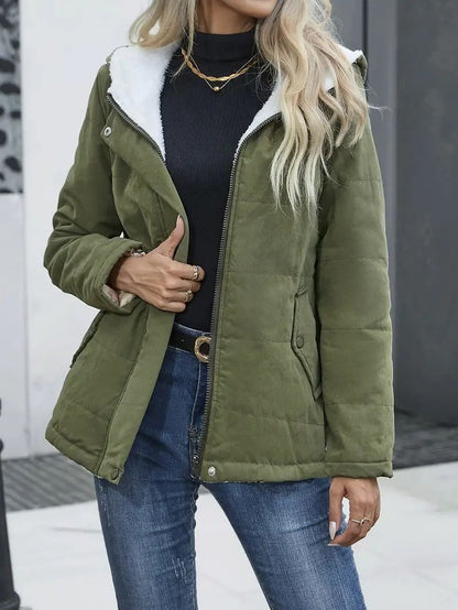 Kurzmantel Damen Warm Fleece Kapuze Reißverschluss