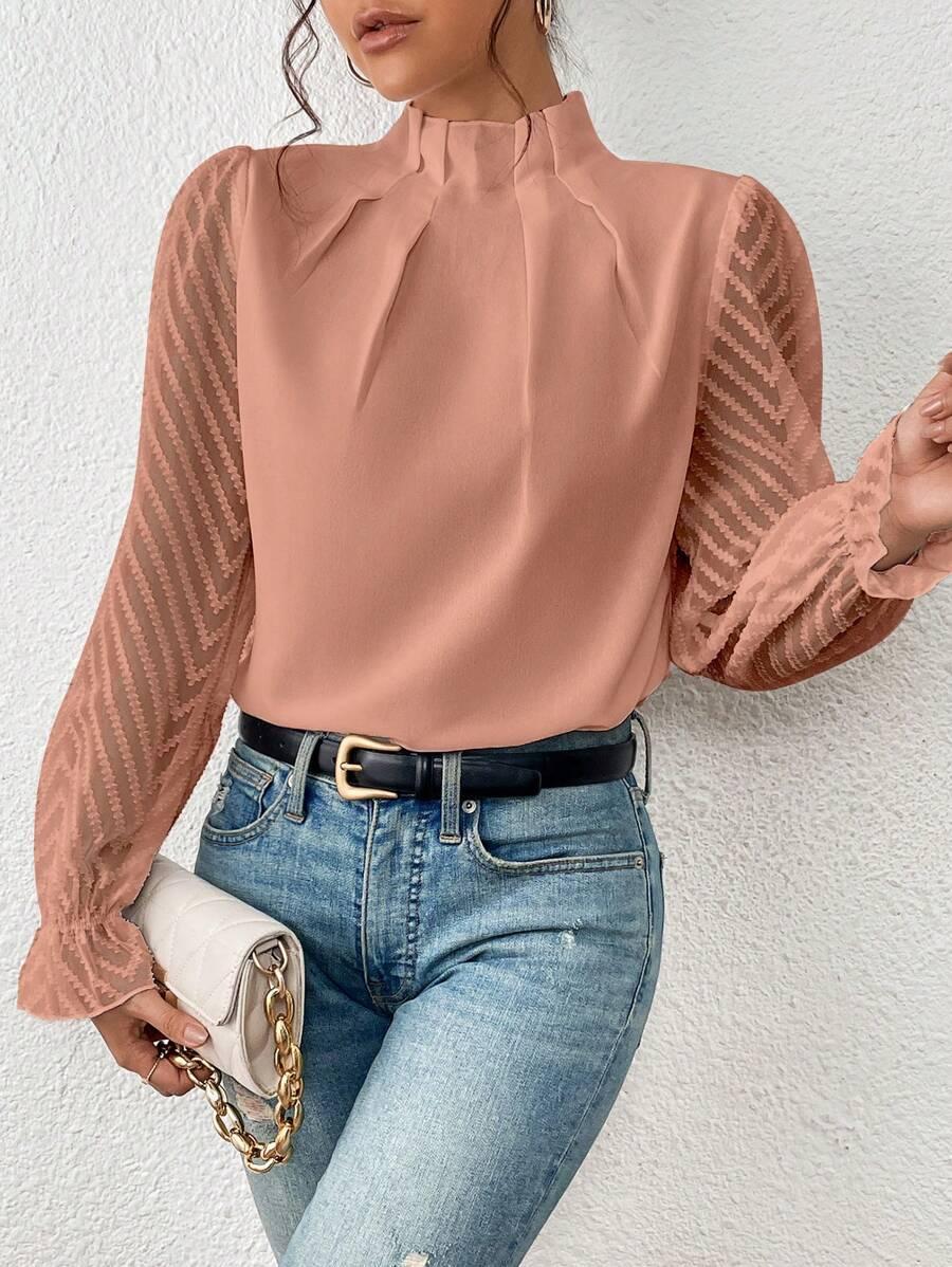 Elegante Bluse Damen Plissierter Kragen Durchsichtige Ärmel - IdealeKleiden