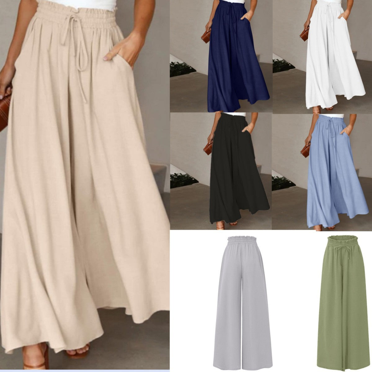 Damen Hose Elegant Weit mit Gummizug und Taschen - IdealeKleiden