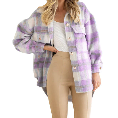 Stylischer Wollmantel Damen Karo Wintermantel Lang