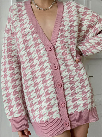 Damen Strickjacke Karo Muster Trendy V-Ausschnitt