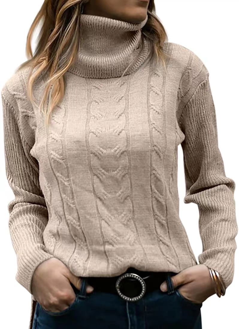 Damen Strickpullover Stehkragen Zopfmuster Elegent