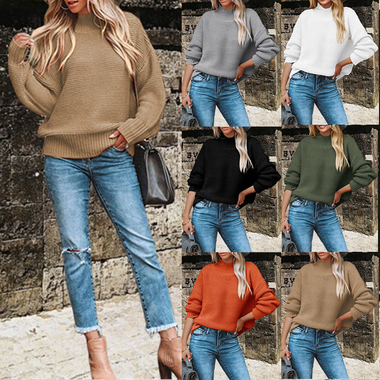 Damen Pullover Weich Strickmuster Hochkragen - IdealeKleiden