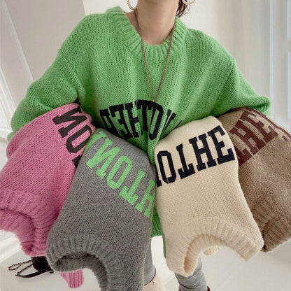 Damen Oversized Pullover Großes Logo Trendy Strickmuster - IdealeKleiden