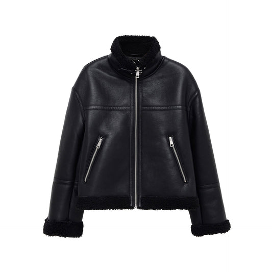 Elegante Lederjacke Aviator Stil Schwarz - IdealeKleiden