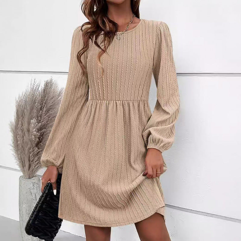 Damen A-Linie Kleid mit Puffärmeln Elegantes Rippstrick Design