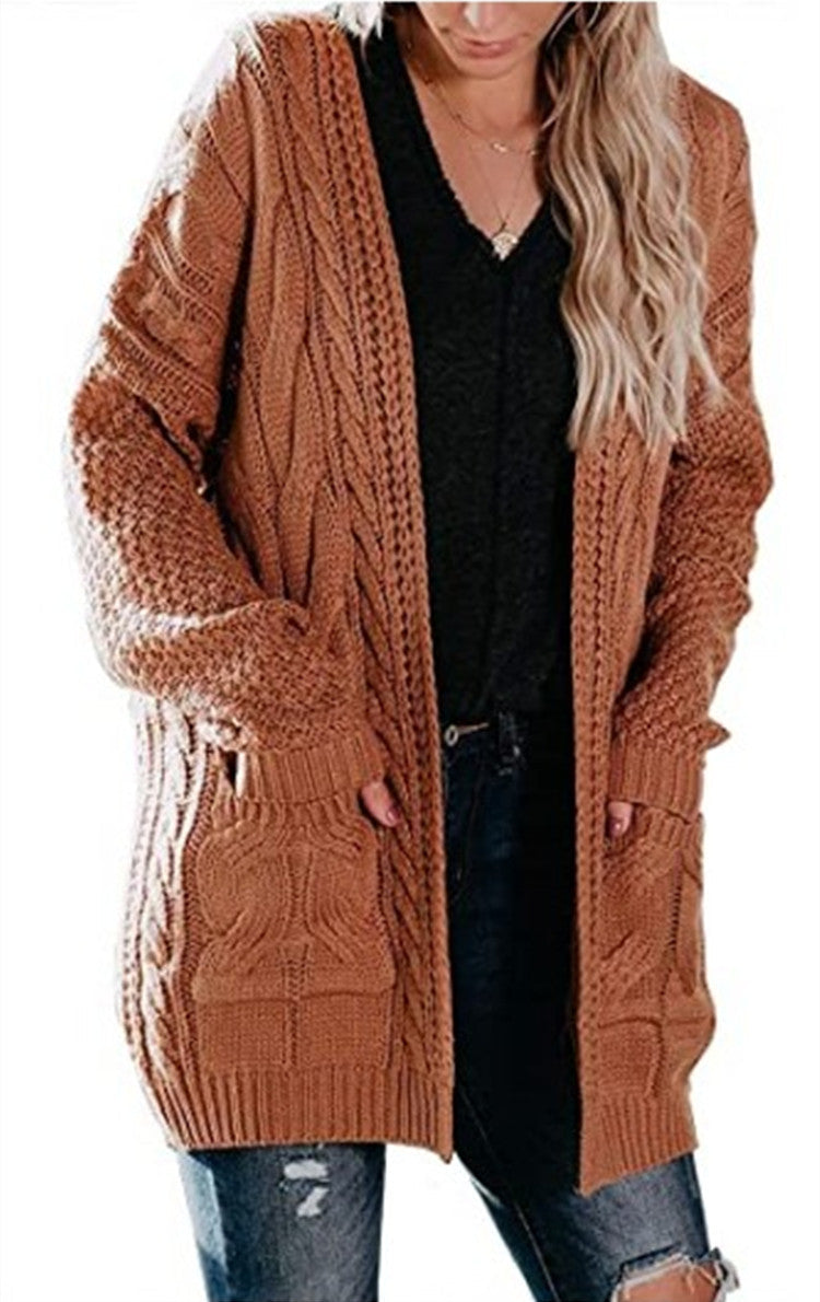 Damen Cardigan Grobstrick mit tiefen Taschen und Zopf Muster