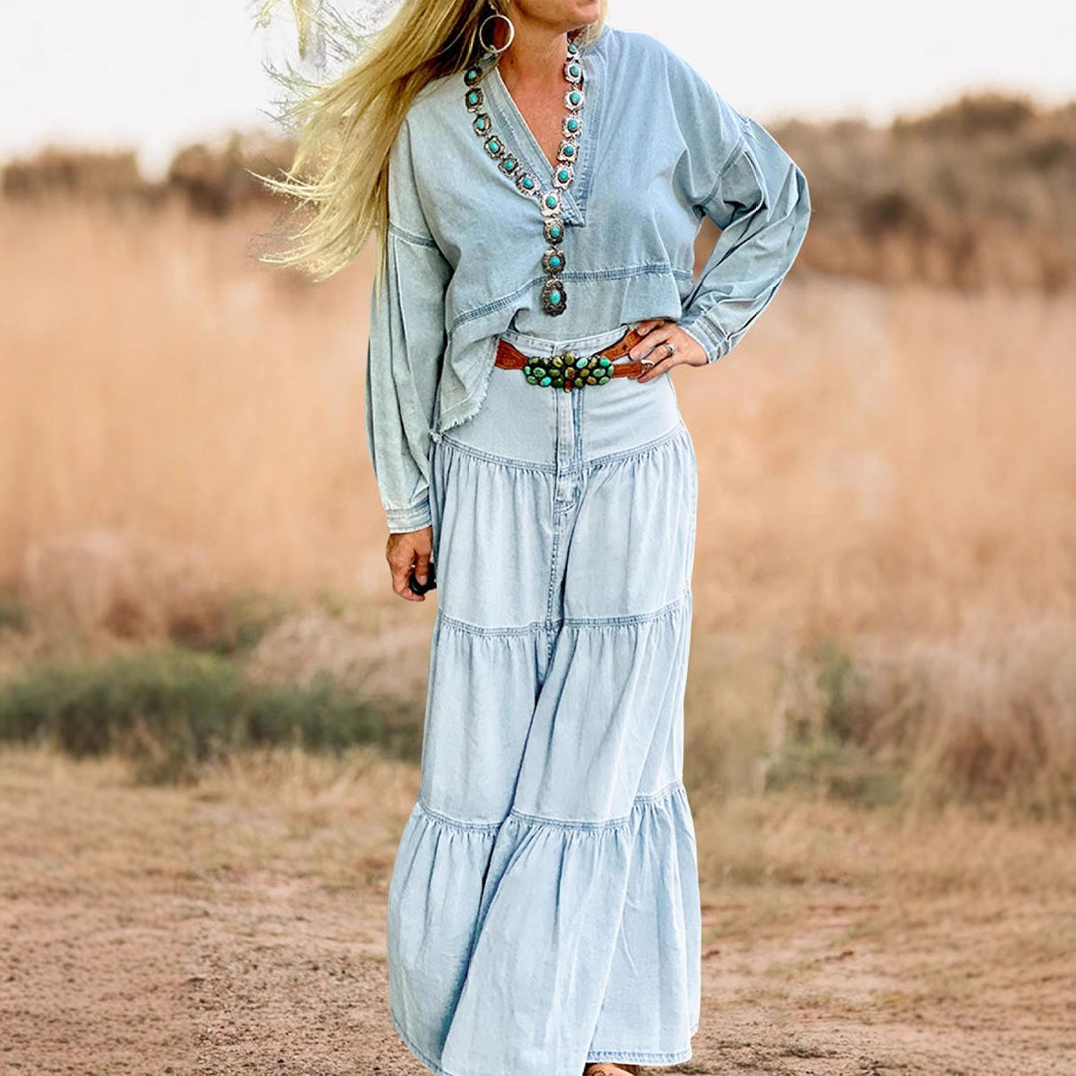 Damen Maxikleid Boho Chic Rüschenrock Elegant