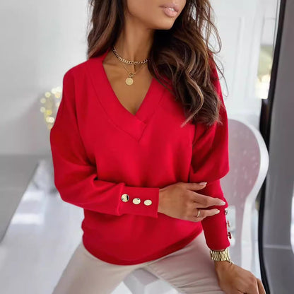Damen Pullover V-Ausschnitt Chic Knöpfe Elegantes Design