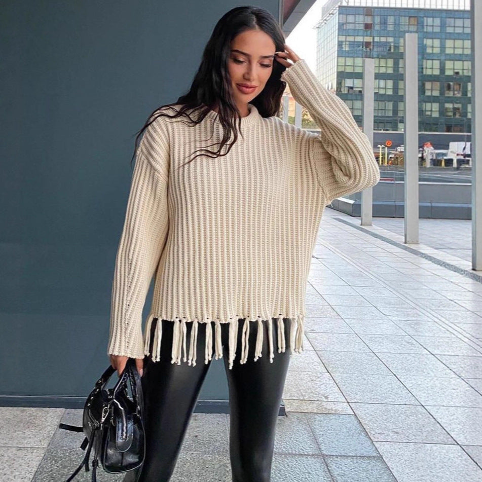 Damen Strickpullover Lässig Fransen Weich - IdealeKleiden