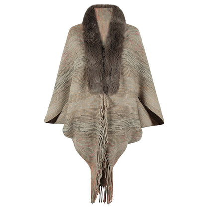 Damen Poncho Elegant Kunstfell Kragen Frauen Mantel