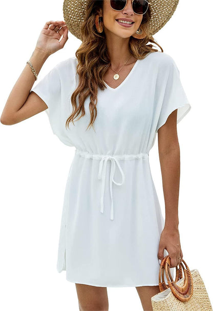 Damen Sommerkleid V-Ausschnitt Kordelzug Minikleid