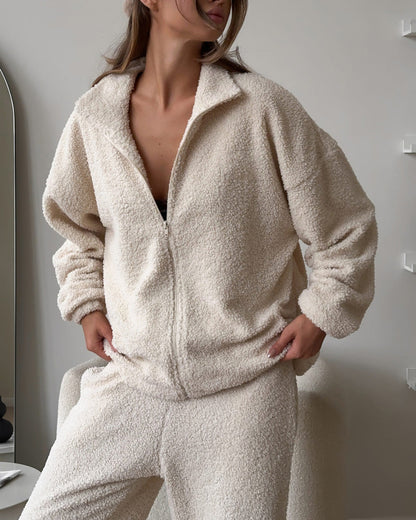 Warmes Fleece Outfit Set Strickjacke und Hose