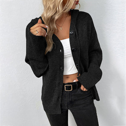Damen Strickjacke Kapuze Knopf Vintage Stil