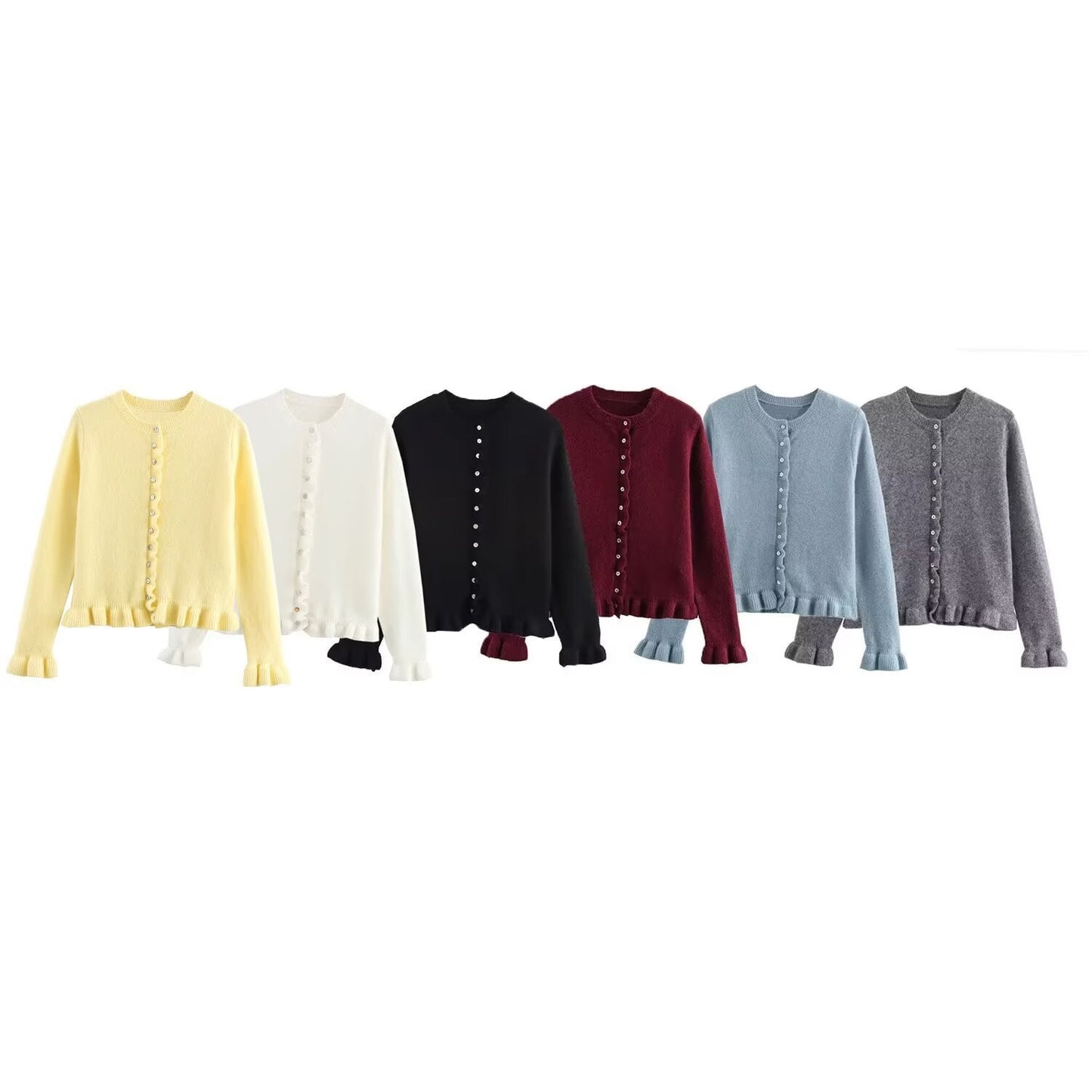 Damen Strickjacke Elegant Rüschensaum Knopfverschluss - IdealeKleiden