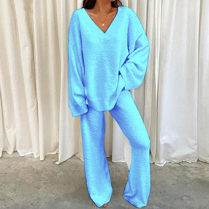 Damen Fleece Lounge Set V-Ausschnitt Komfort Wear
