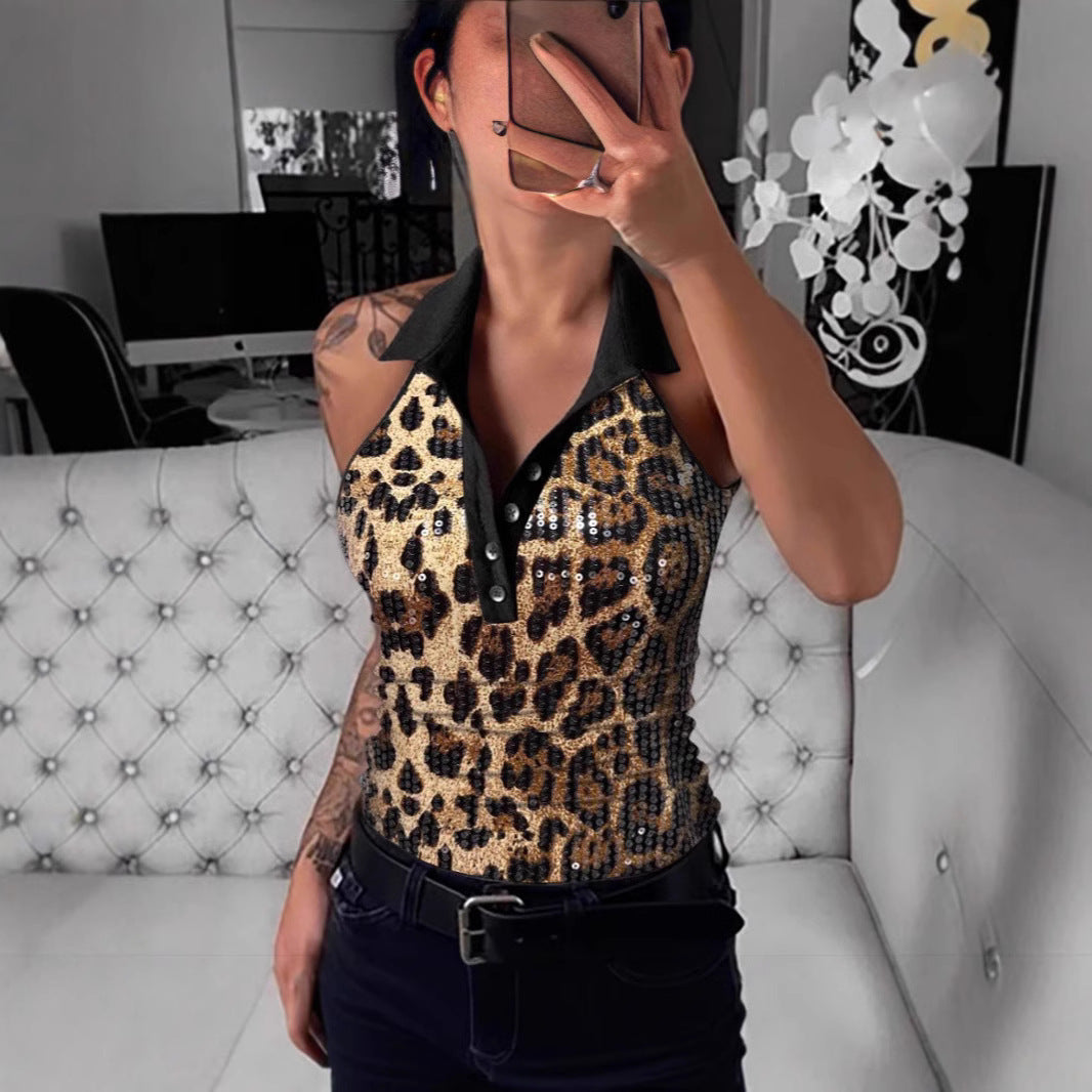 Damen Poloshirt Glamour Leopardenmuster Glitzer Effekt - IdealeKleiden