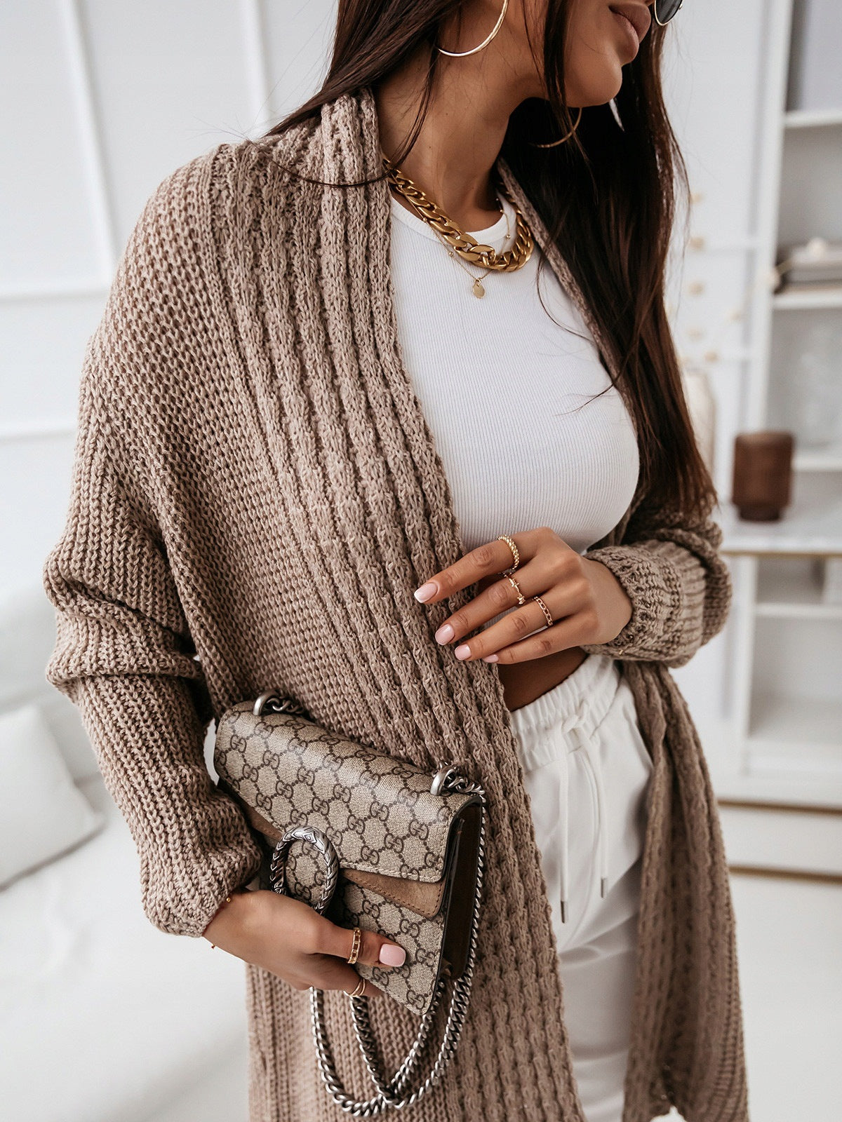 Langarm Strickjacke Wollig Locker Geschnürt