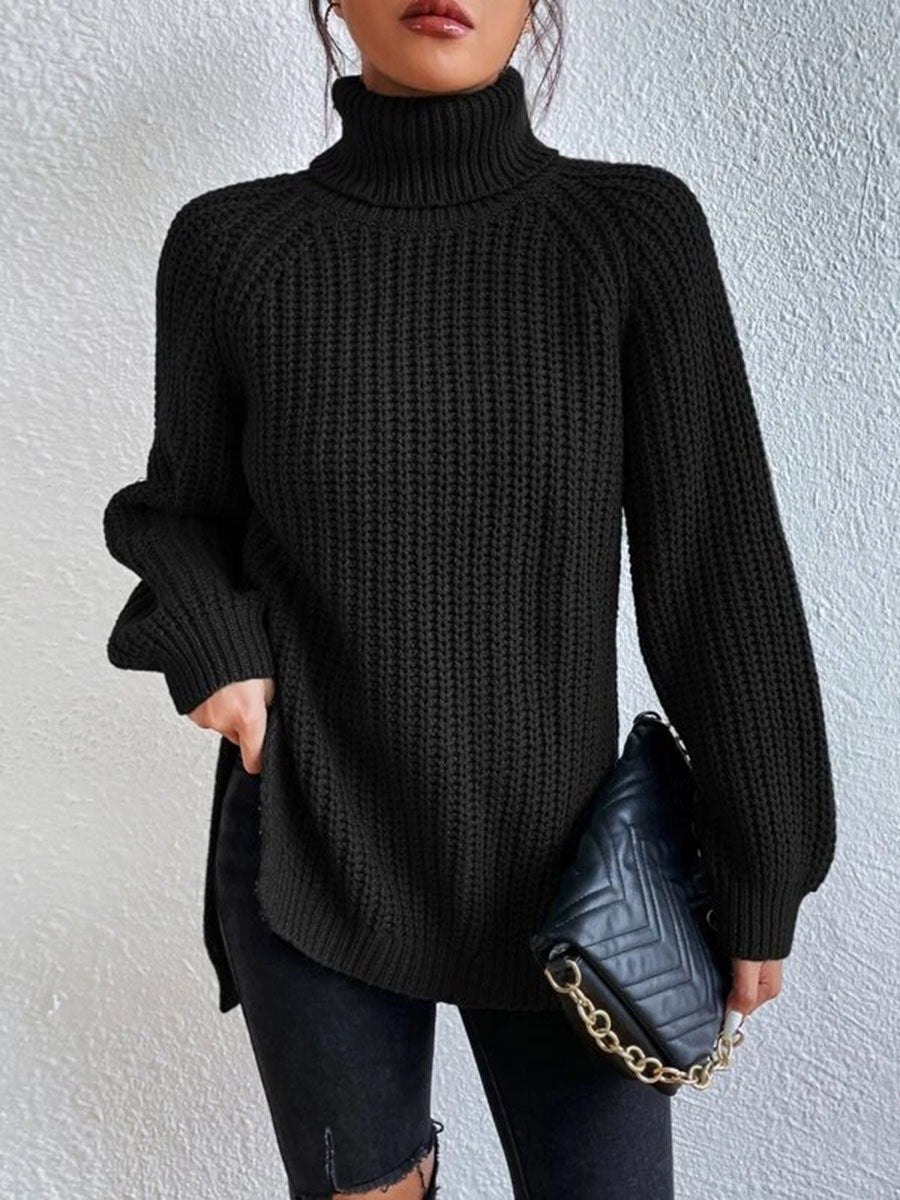 Damen Strickpullover Hochkragen Wabenmuster Eleganz