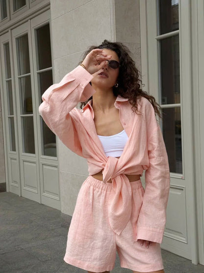 Damen Leinen Outfit Sommer Set