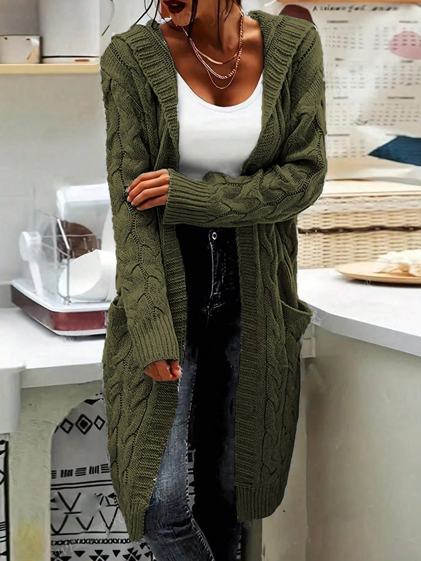 Damen Strickjacke Lässig Lang Große Taschen