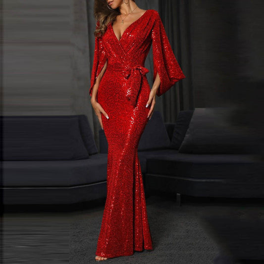 Glamouröses Abendkleid Damen Pailletten Lange Ärmel - IdealeKleiden