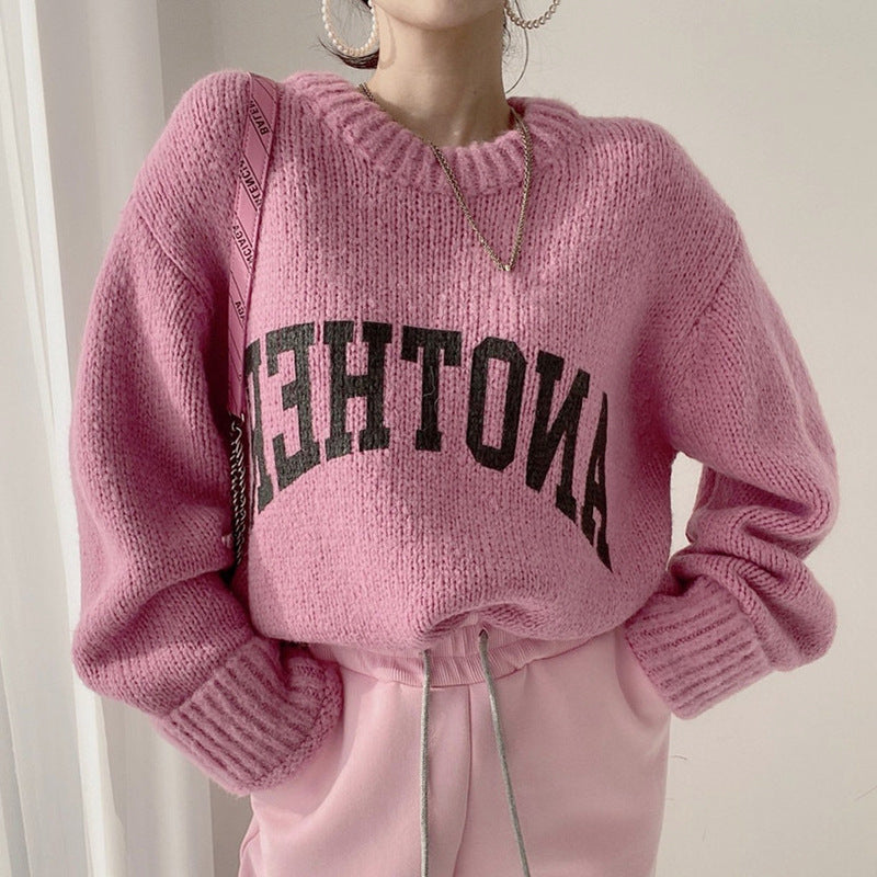 Damen Oversized Pullover Großes Logo Trendy Strickmuster
