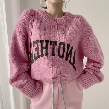 Damen Oversized Pullover Großes Logo Trendy Strickmuster