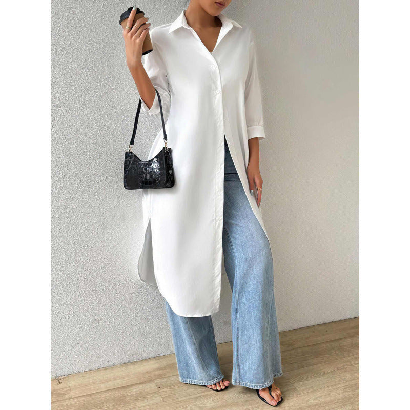 Damen Longline Knopfkleid Elegant Lang