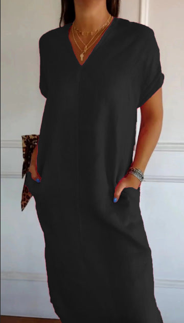Sommerkleid Damen Viskose Leinen Elegant V-Ausschnitt