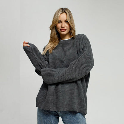 Damen Pullover Grobgestrickt Bequem Rundhals - IdealeKleiden