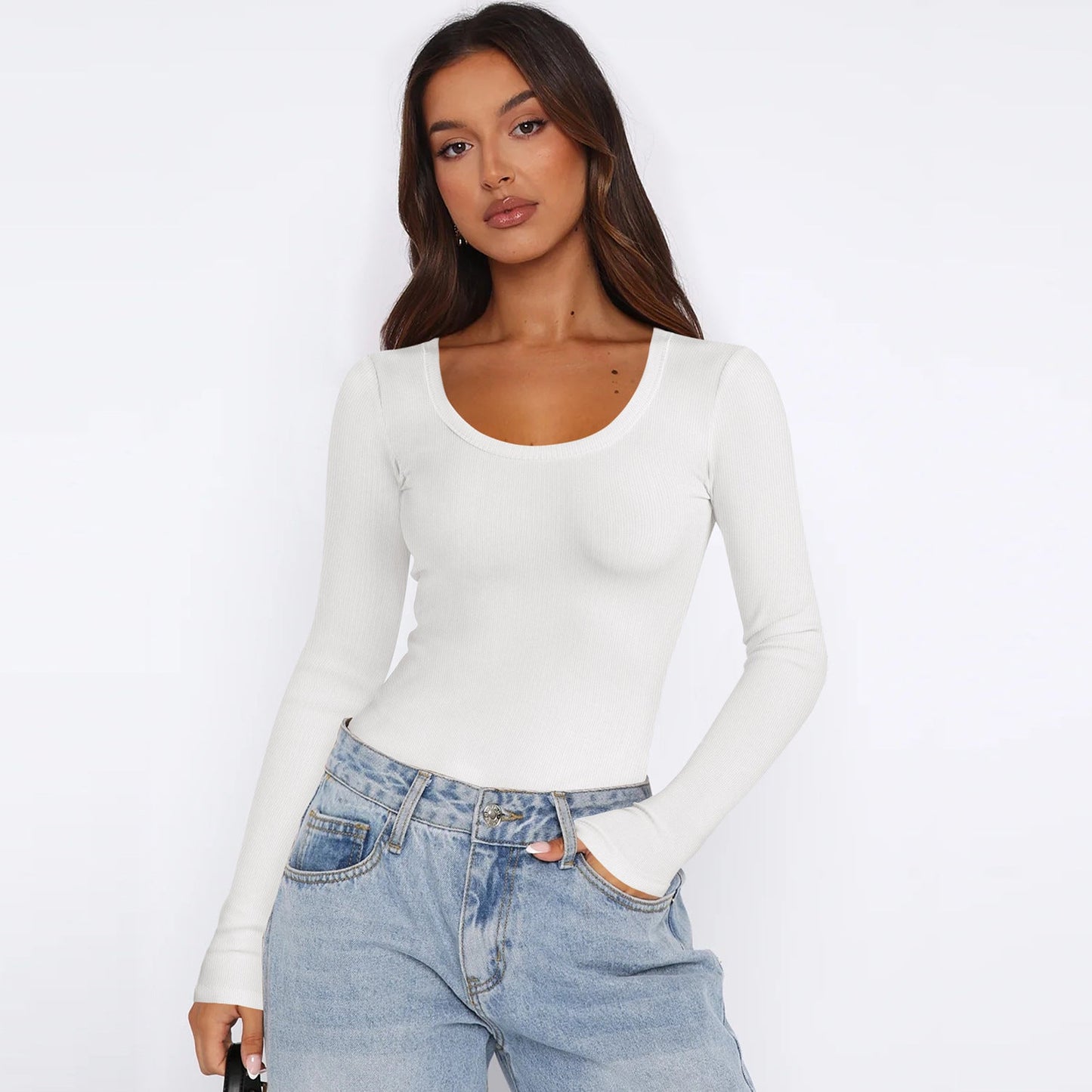 Damen Langarmtop Feinripp Rundhals Elegant