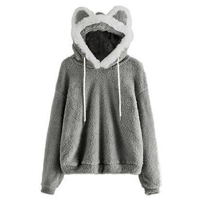 Damen Hoodie Kuschelig Katzengesicht Süß
