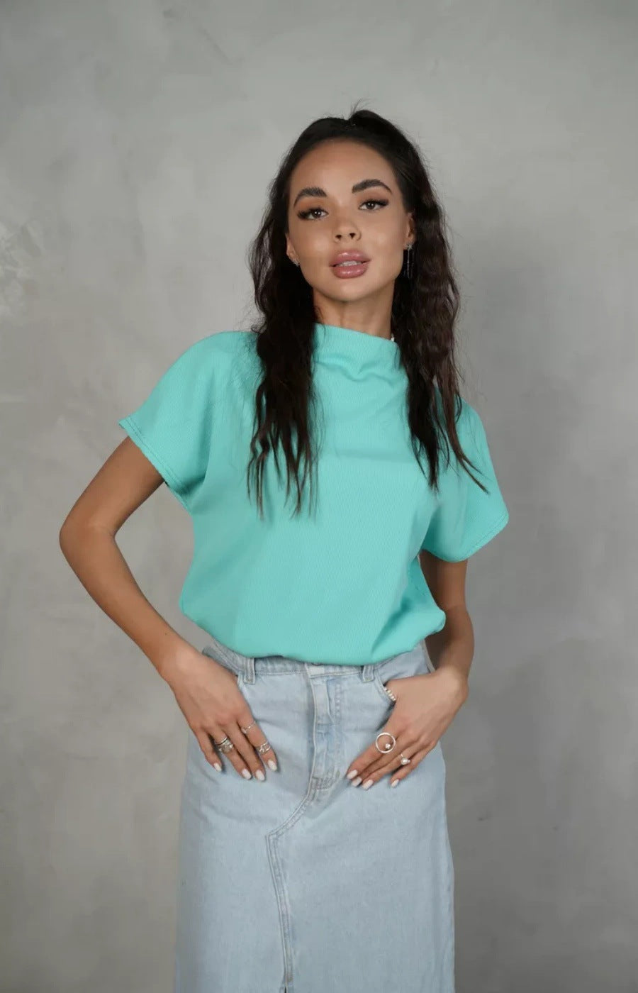 Damen Top Kurzarm Elegant Hochkragen