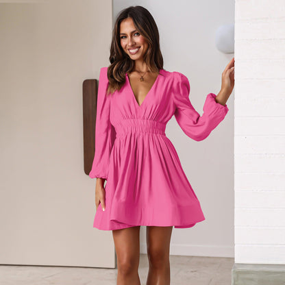 Damenkleid Elegant V-Ausschnitt Puffärmel Partykleid