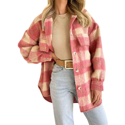 Stylischer Wollmantel Damen Karo Wintermantel Lang