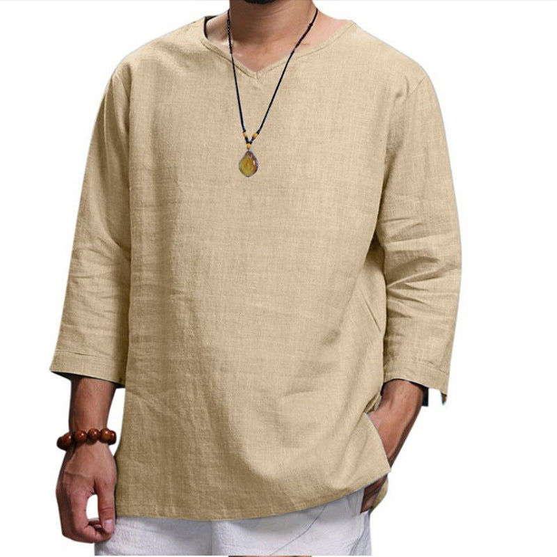 Herren Leinenhemd Sommer V-Ausschnitt Bequem