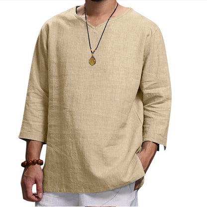 Herren Leinenhemd Sommer V-Ausschnitt Bequem