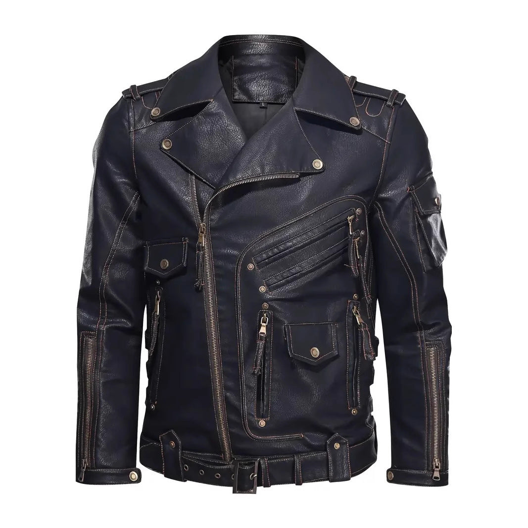 Herren Lederjacke Biker Style Reißverschluss Taschen - IdealeKleiden