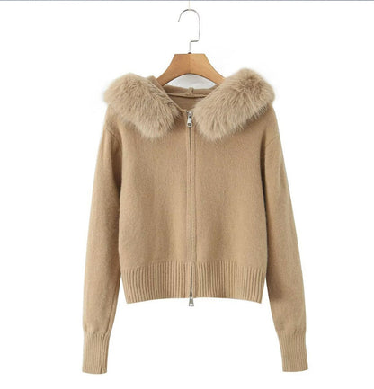 Damen Strickjacke Luxus Kunstfell Kragen Reißverschluss
