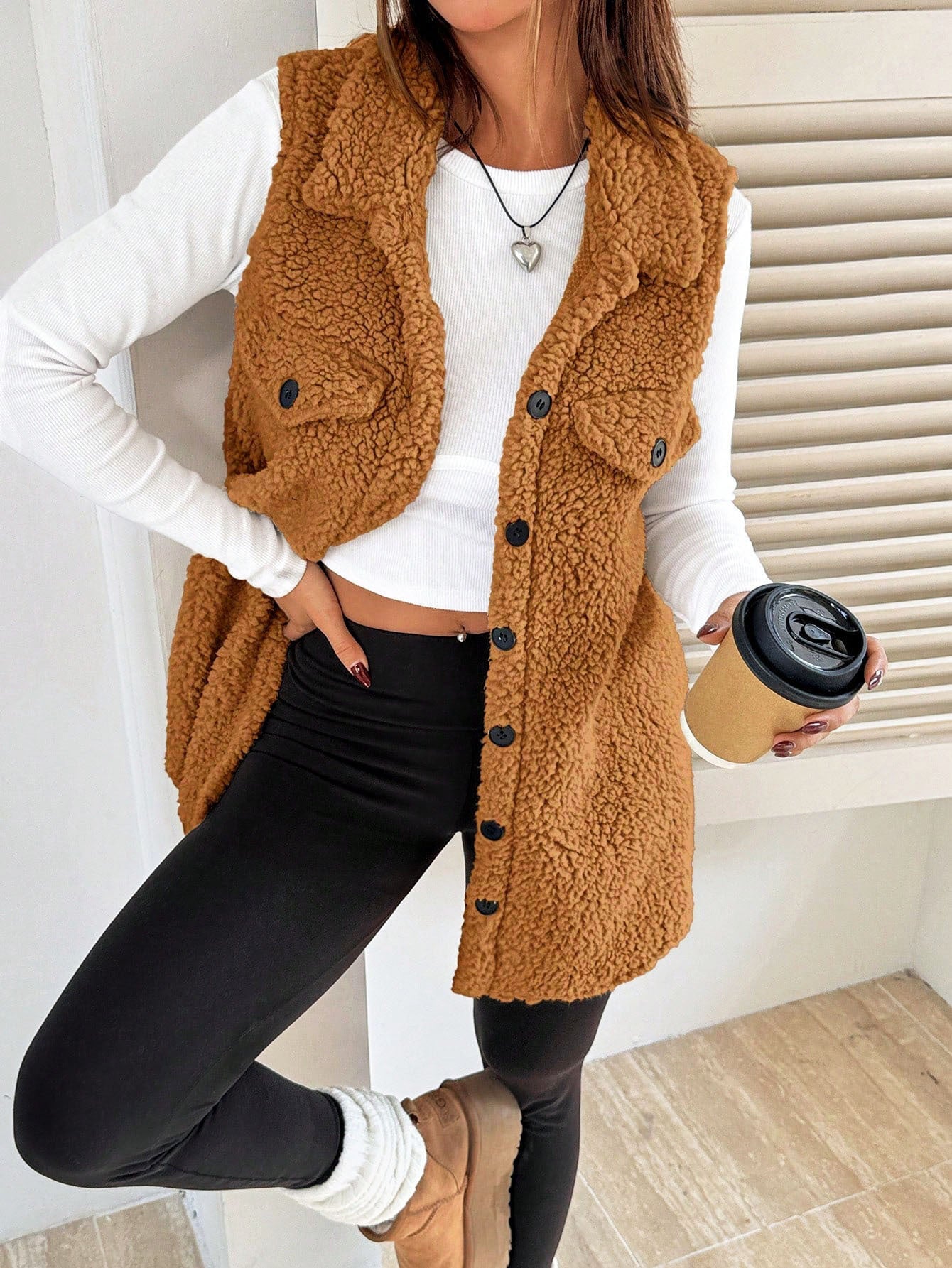 Damen Teddyweste Weich Plüsch mit Taschen