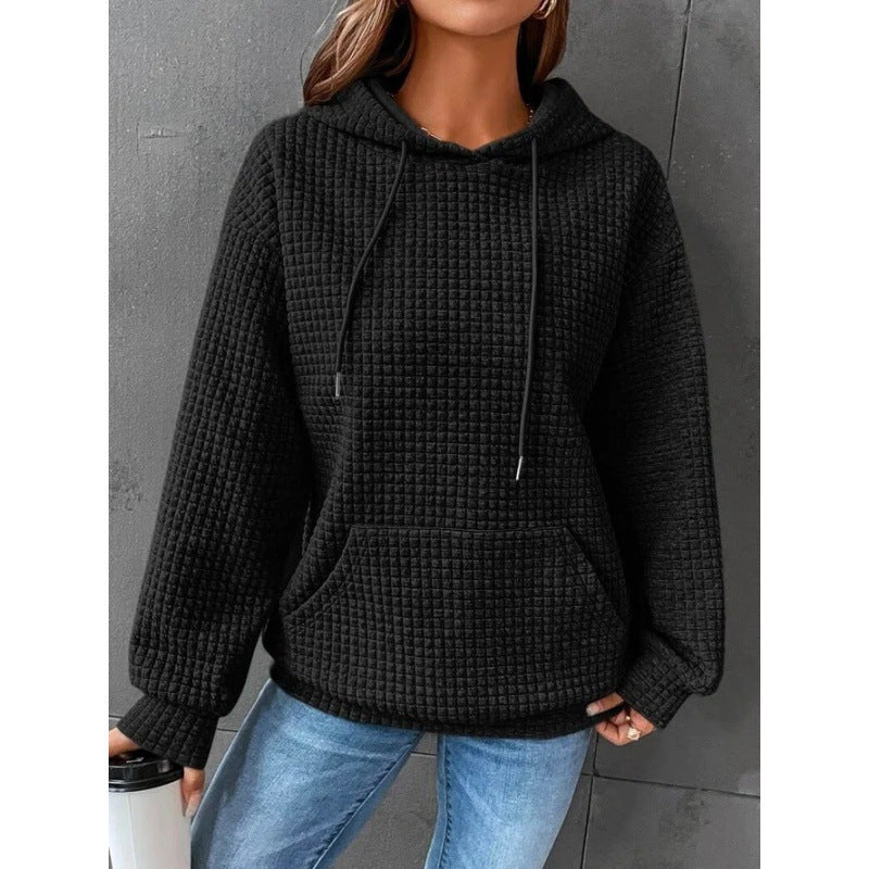 Damen Pullover Waffel Optik Kapuzenjacke Mit Tasche